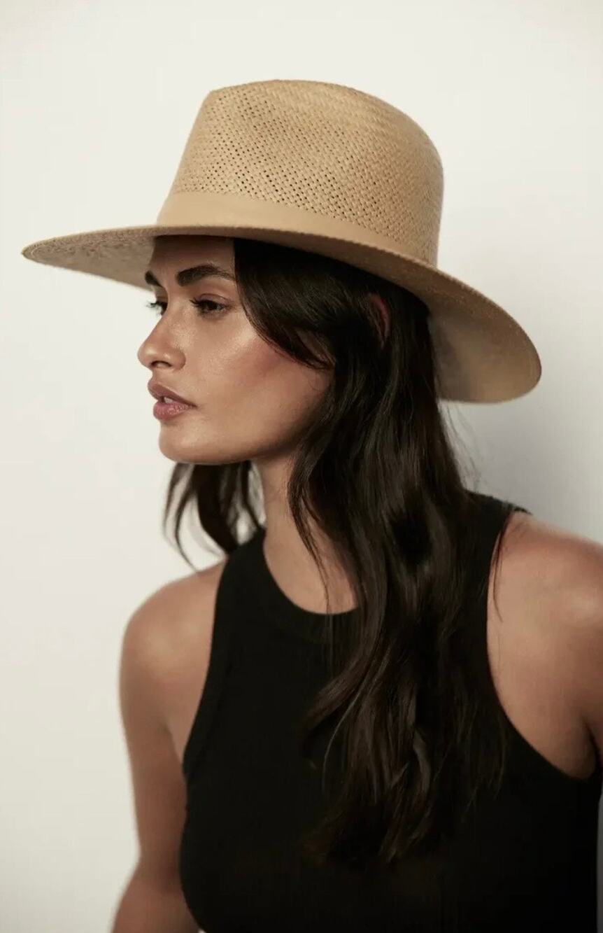 Janessa Leone Simone Packable Straw Fedora Sun Hat Packable Small Tan Rancher